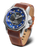 Herrenarmbanduhr mit braunem Lederarmband, blauem Zifferblatt und GMT-Anzeige