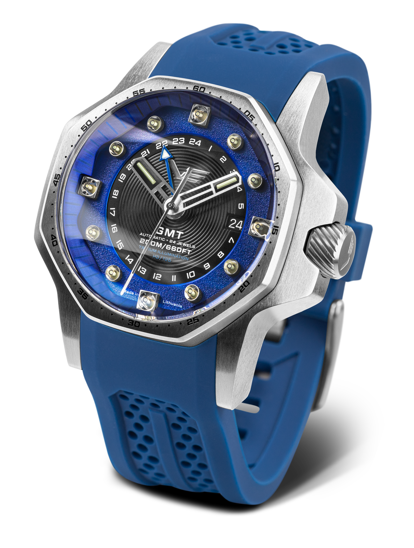 Herrenarmbanduhr mit blauem Kautschukarmband, blauem Zifferblatt und GMT-Anzeige