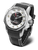 Herrenuhr mit silbernem Gehäuse, schwarzem Zifferblatt und braunem Lederarmband