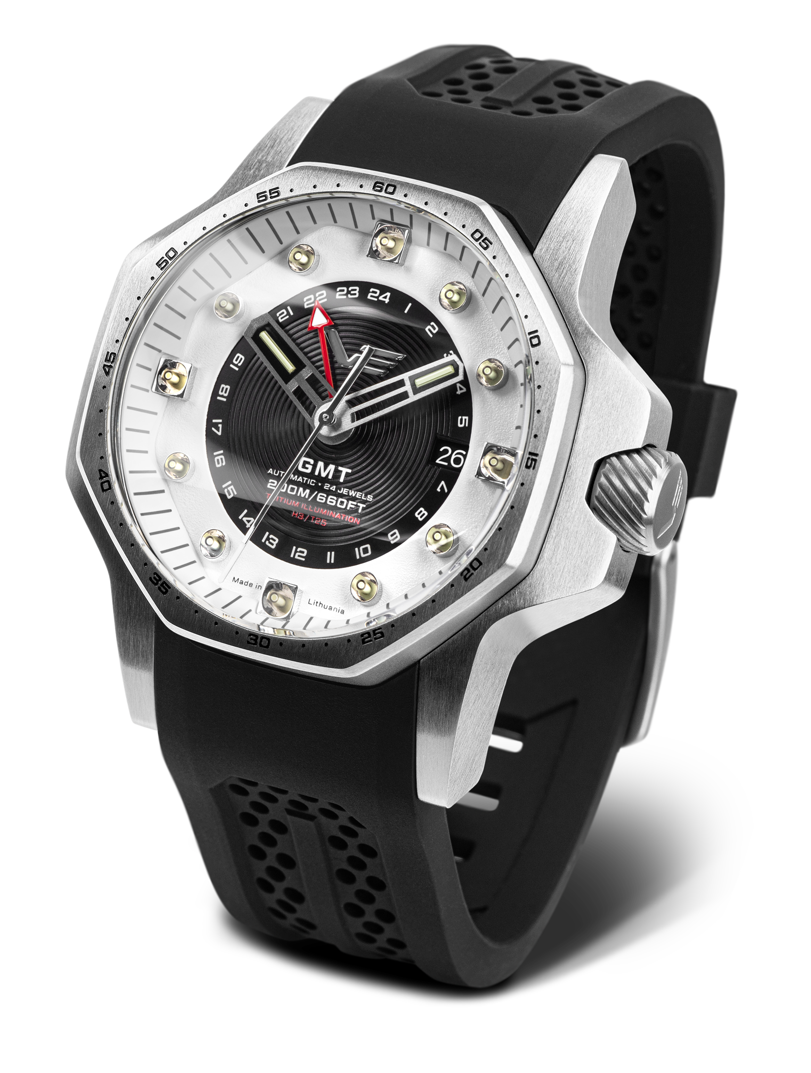 Herrenuhr mit silbernem Gehäuse, schwarzem Zifferblatt und perforiertem schwarzem Armband