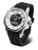 Herrenuhr mit silbernem Gehäuse, schwarzem Zifferblatt und perforiertem schwarzem Armband