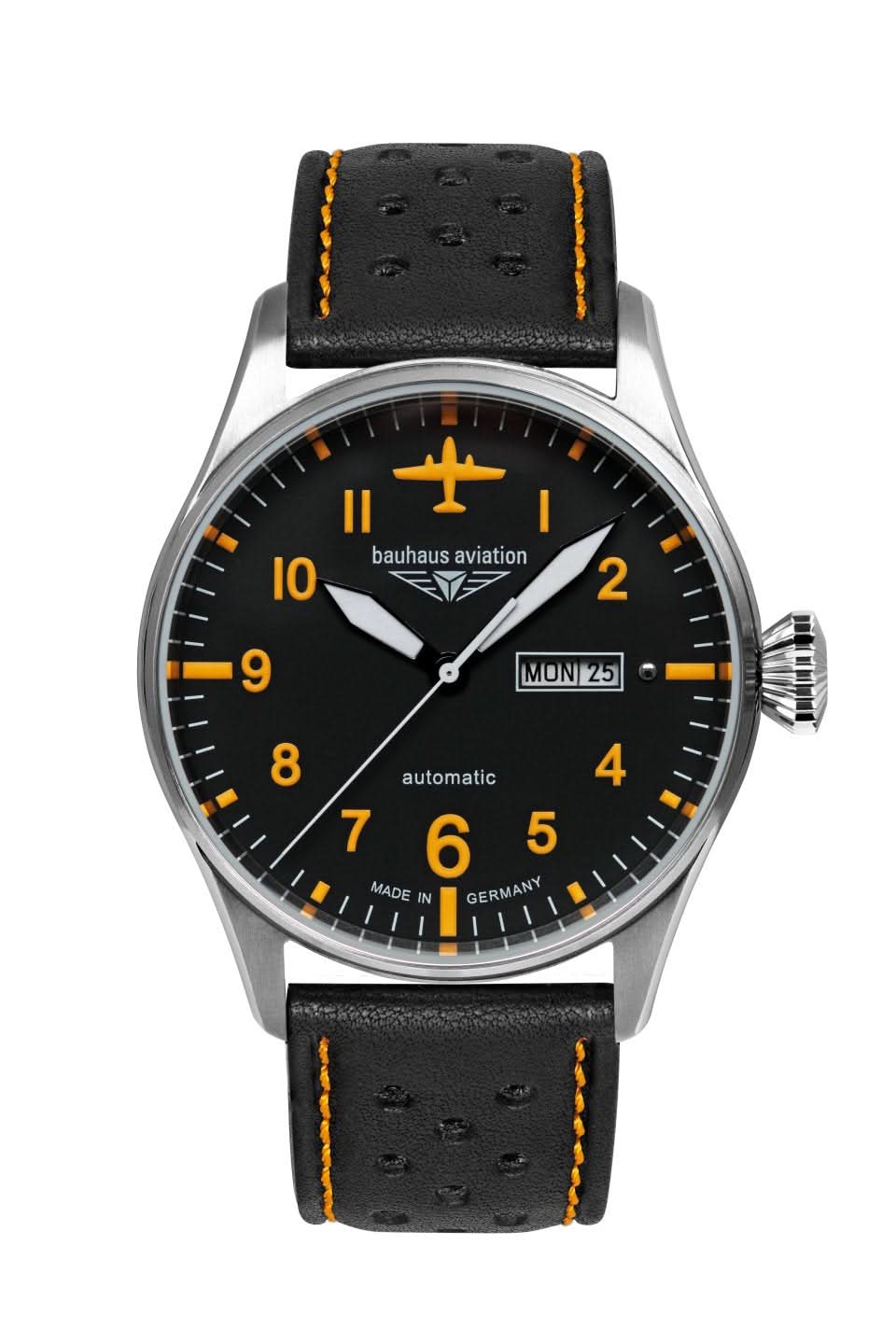 Men's watch with black dial, orange hands, and leather strap