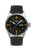 Men's watch with black dial, orange hands, and leather strap