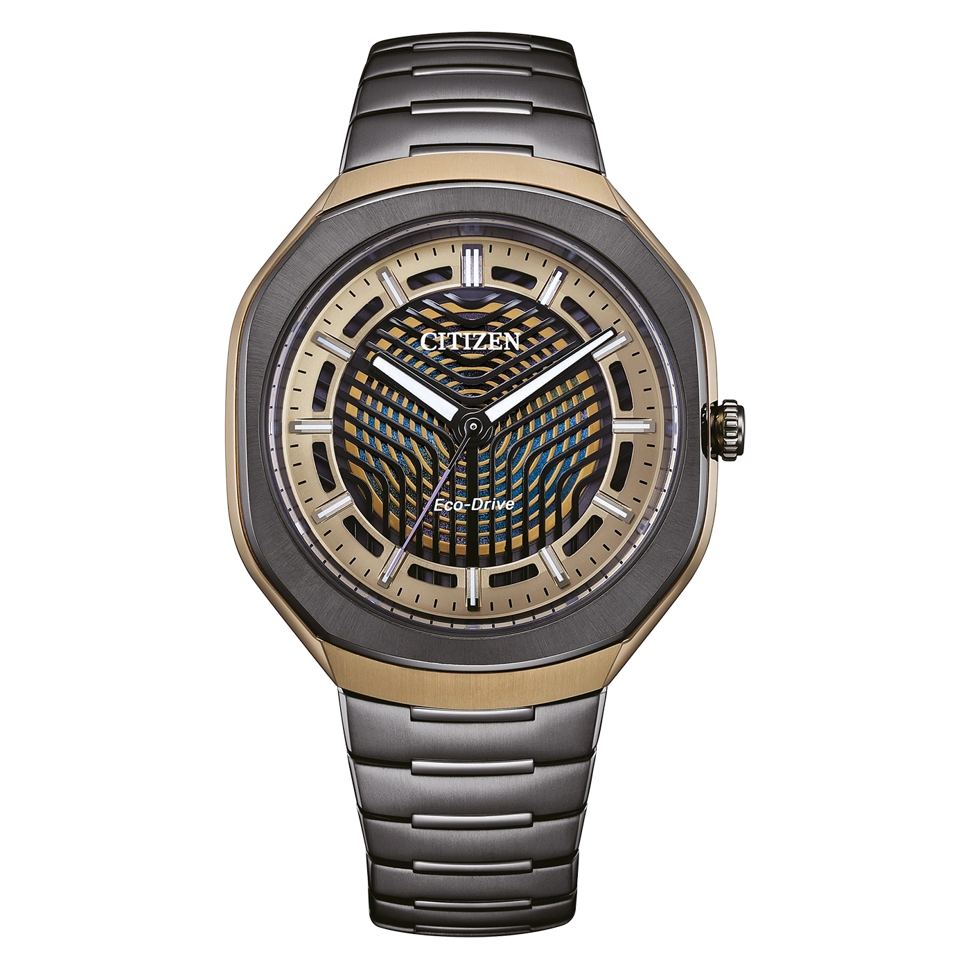 Herren-Armbanduhr mit schwarzem Armband, beigem Zifferblatt und goldfarbener Lünette