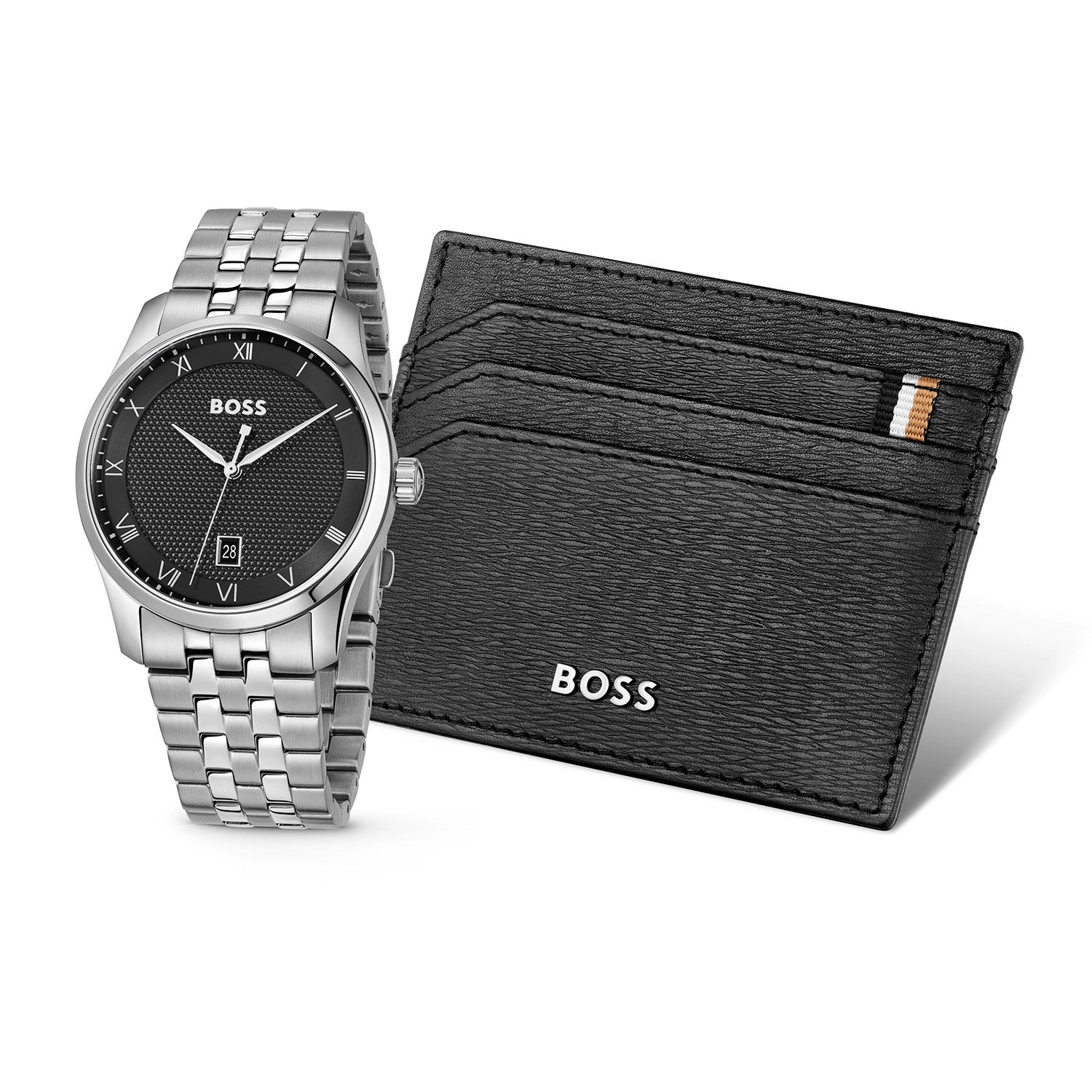 Herren-Armbanduhr mit schwarzem Zifferblatt, Edelstahlband und schwarzer Geldbörse