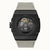 Herren-Armbanduhr mit schwarzer Rückseite und grauem Silikonband, Automatikwerk sichtbar