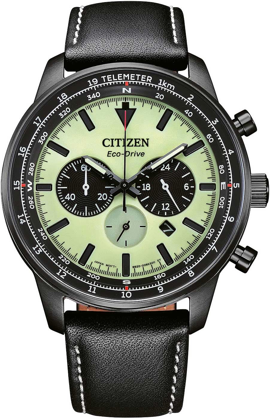 Citizen CA4505-21X Men's Watch • Eco-Drive Solar Powered • Green Dial & Leather Strap