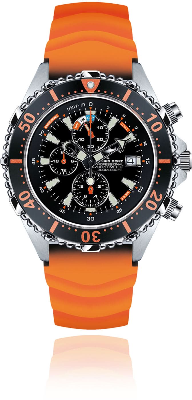 Chris Benz Depthmeter Chronograph 300M CB-C300-O-KBO Men's Watch • Analog Depth Gauge • 300m Water Resistant