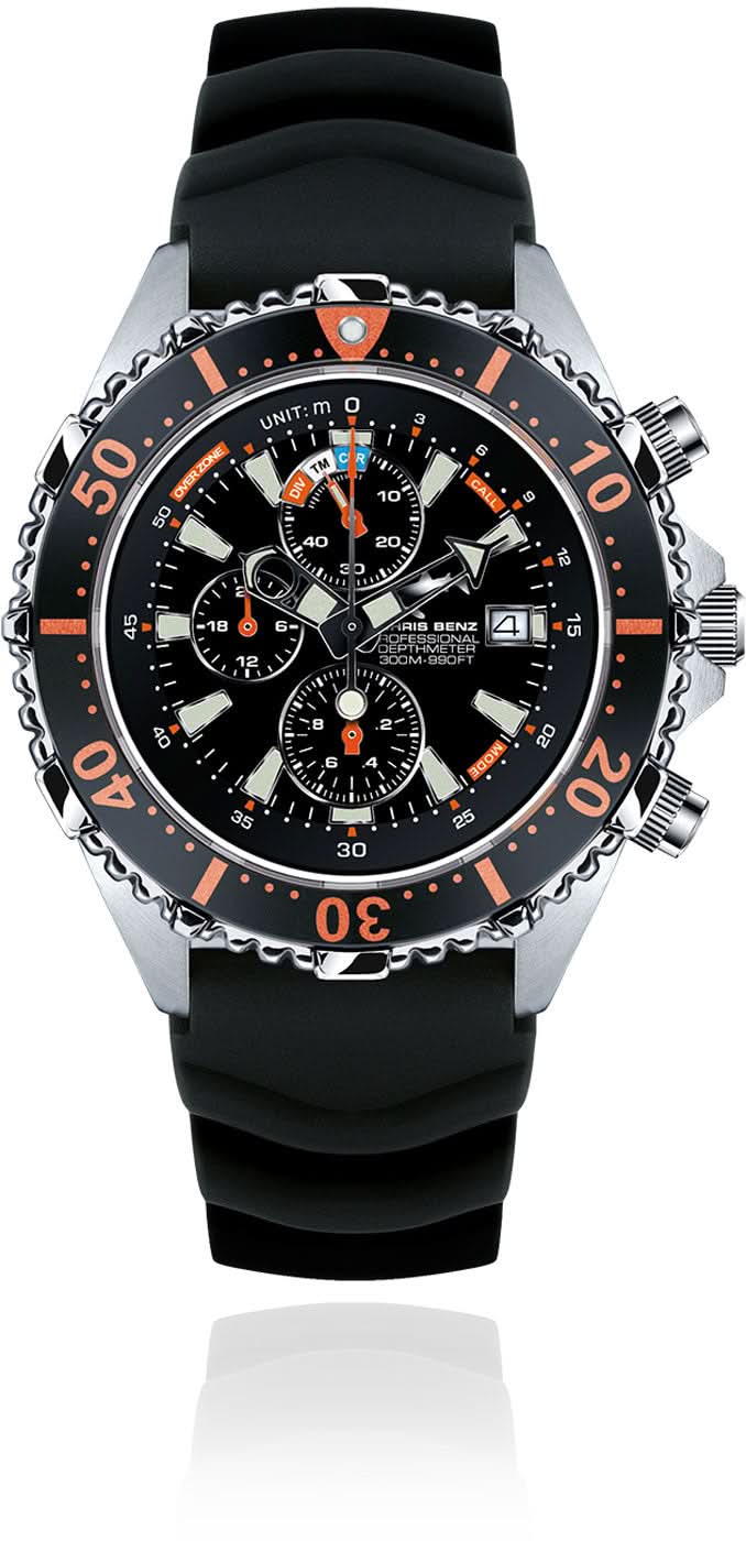 Chris Benz Depthmeter Chronograph 300M CB-C300-O-KBS Men's Watch • 300m Water Resistant • Analog Depth Gauge