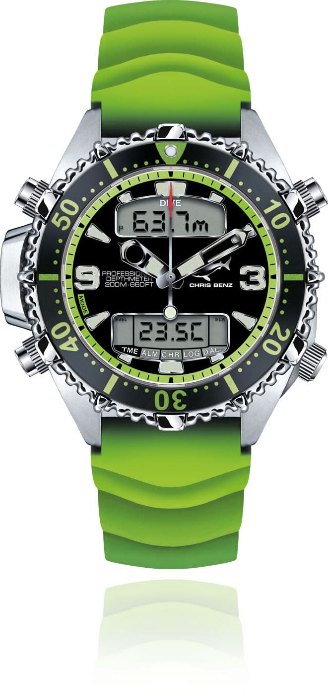 Chris Benz Depthmeter Digital 200M CB-D200X-G-KBG Men's Watch • Depth Gauge • Shark Proof