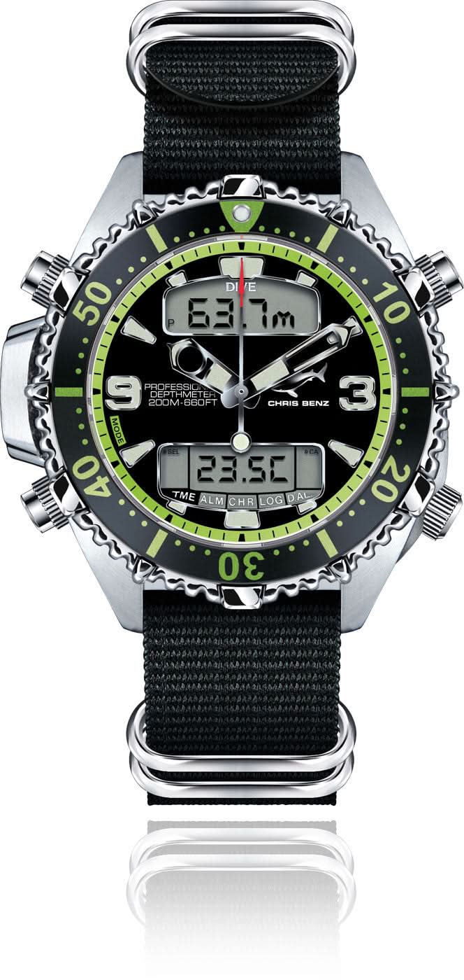Chris Benz Depthmeter Digital 200M CB-D200X-G-NBS Men's Watch • 200m Water Resistant • Digital Depth Gauge