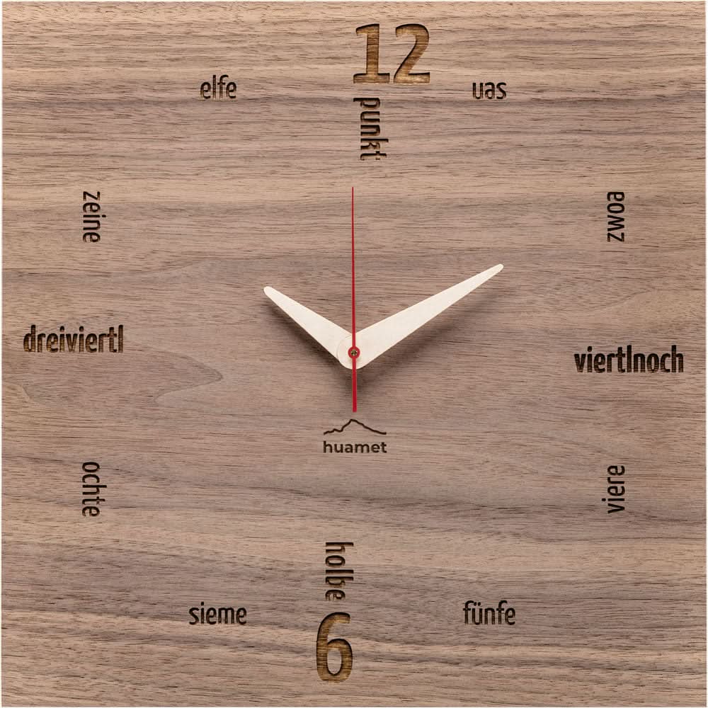 huamet Wall Clock 30x30x3.7 cm Wood • Genuine Walnut • Precise Quartz Movement