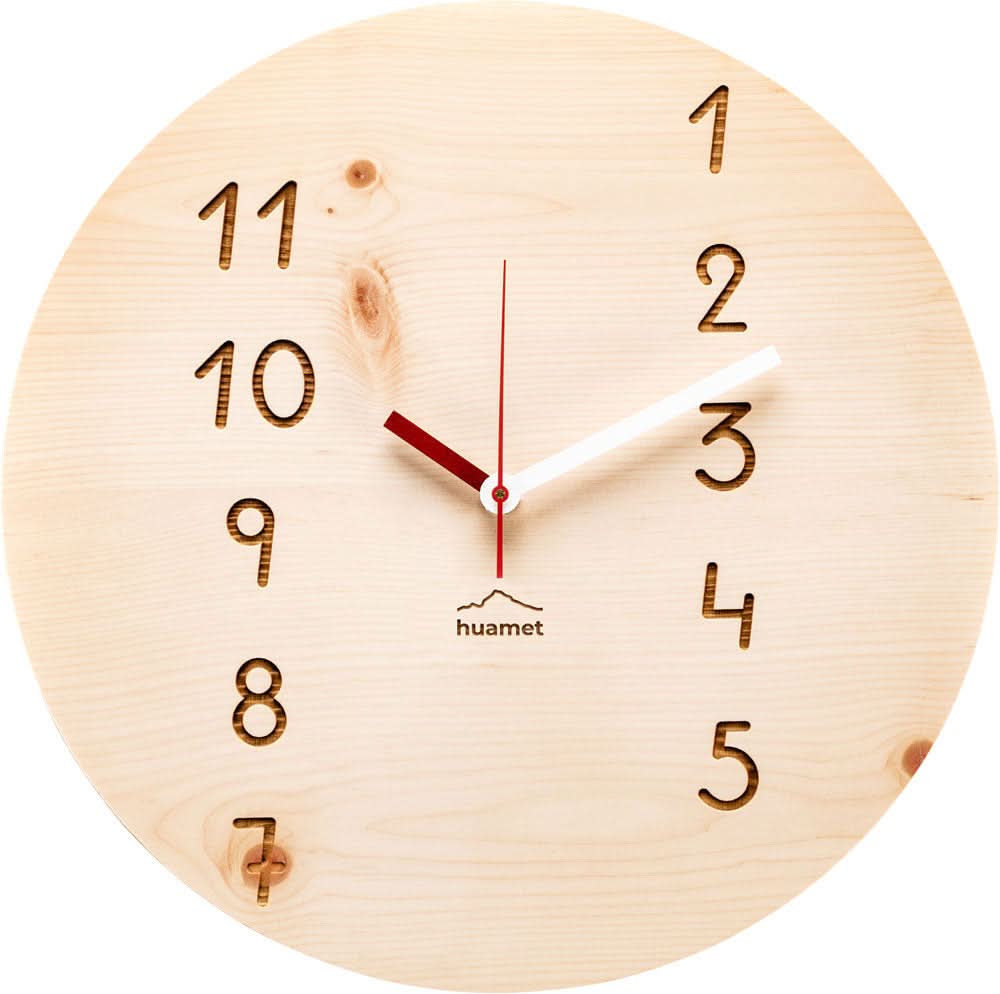 huamet Wall Clock 30x30x3.7 cm Wood • Genuine Pine Wood • Silent Quartz Movement