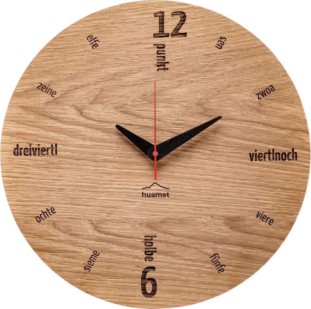 huamet Wall Clock 30 cm Ø Oak Wood • Silent Movement • Sweeping Second Hand