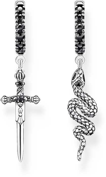 Creoles with snake and sword pendant - 925 sterling silver blackened