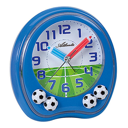 Blauer Fußball-Wecker mit Ziffernblatt und Zeigern, Fußballmotiv unten