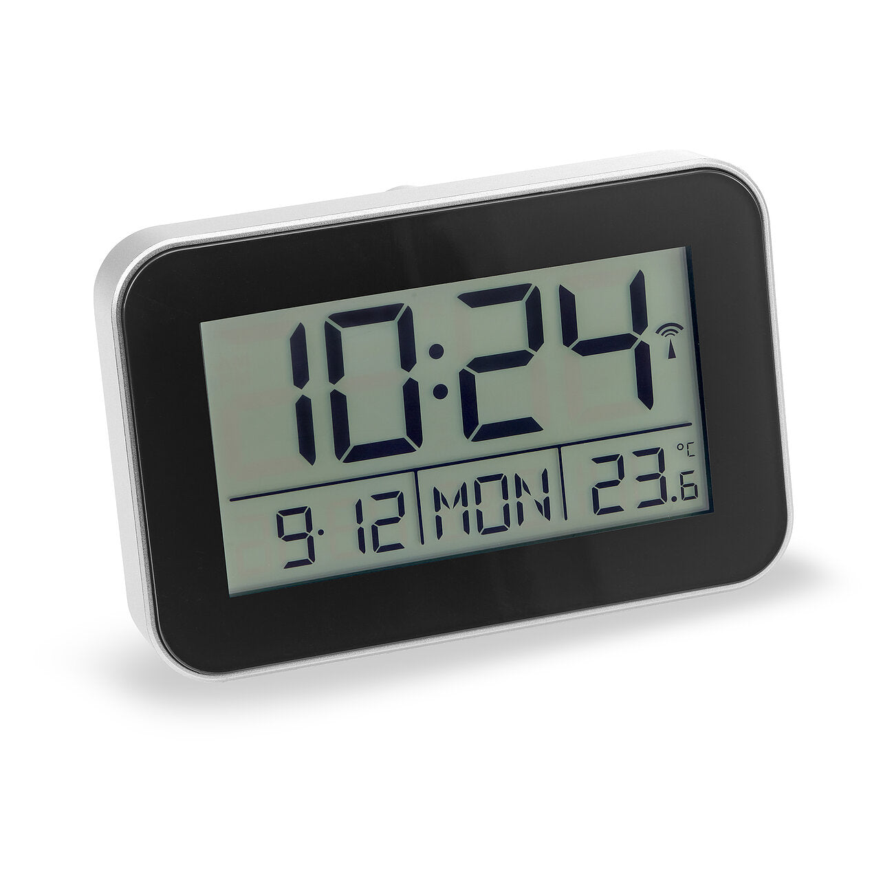 Silberne Funk-Weckuhr mit digitalem Display für Uhrzeit, Datum und Temperatur