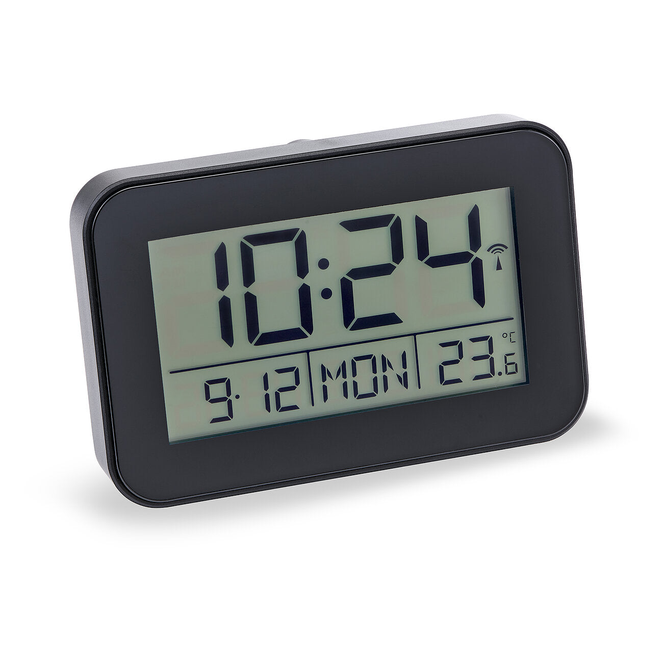 Digitaler Wecker mit LCD-Display, zeigt Zeit, Datum und Temperatur