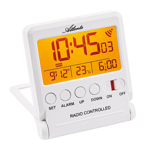 Funkgesteuerte Digitaluhr in Weiß mit Temperaturanzeige, Tasten und Klappständer