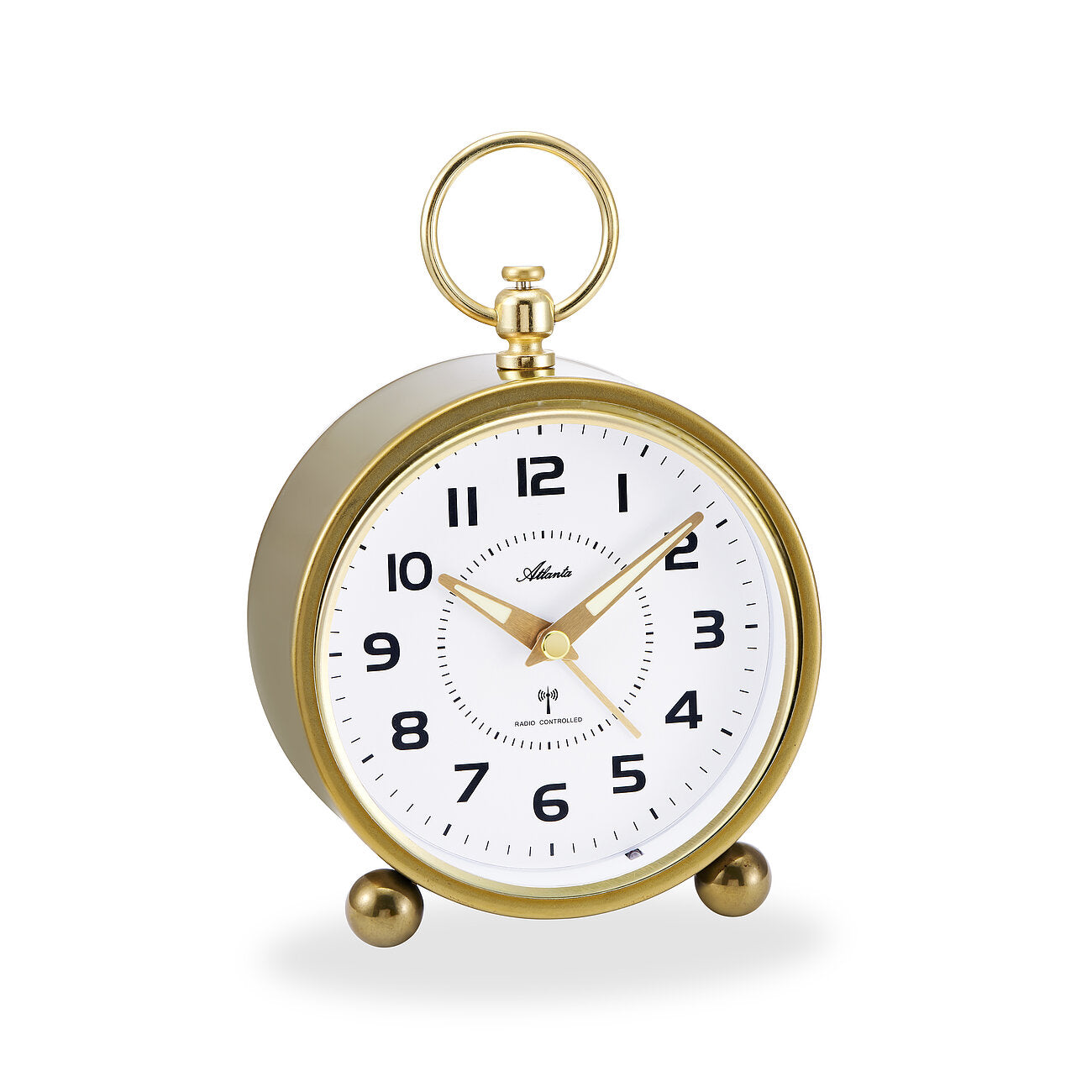 Goldfarbene Wecker-Uhr mit Ringgriff und weißem Zifferblatt, arabischen Ziffern
