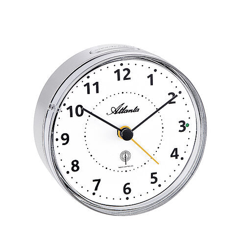 Silberne Wecker-Funk-Uhr mit weißem Zifferblatt und schwarzen Zeigern