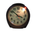 Dunkelbrauner Wecker mit warm beleuchtetem Zifferblatt und farbigen Zeigern