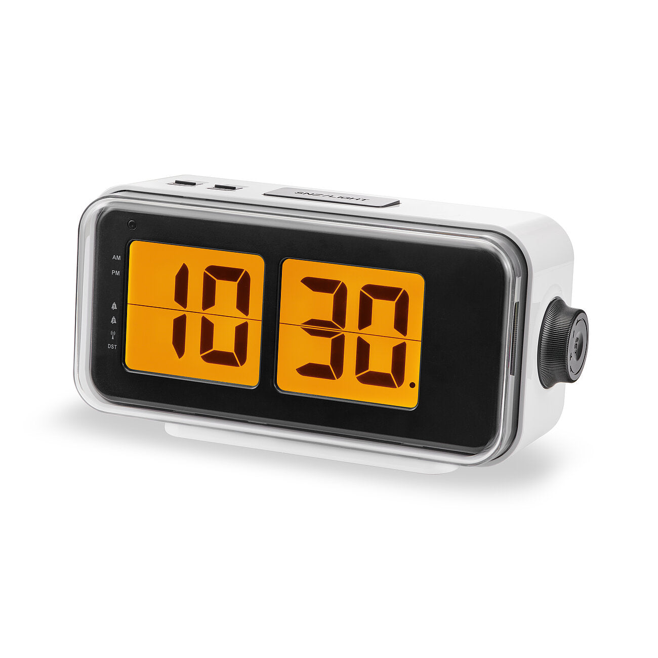 Digitaler Funkwecker in Weiß mit orangefarbenem Display und seitlichem Drehrad