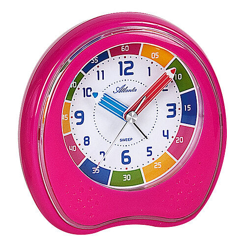 Rosa Wecker mit mehrfarbigem Ziffernblatt, Zeigern und transparentem Deckel