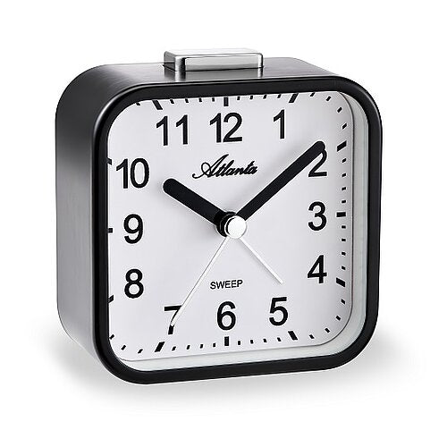 Schwarzer Analog-Wecker mit weißem Zifferblatt und schwarzen Zeigern, mit Deckel oben
