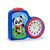 Blauer Wecker mit Panda-Motiv, rotem Rand am Analogziffernblatt und Fußballfigur