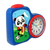 Kleiner blauer Wecker mit Panda-Motiv, rotem Knopf und analogem Ziffernblatt