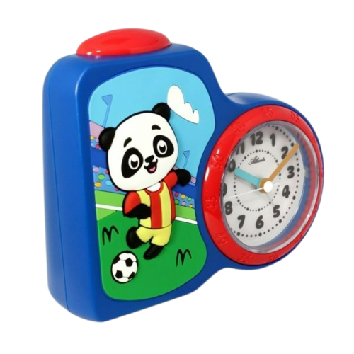 Blauer Wecker mit Panda-Motiv, rotem Ring und analogem Ziffernblatt