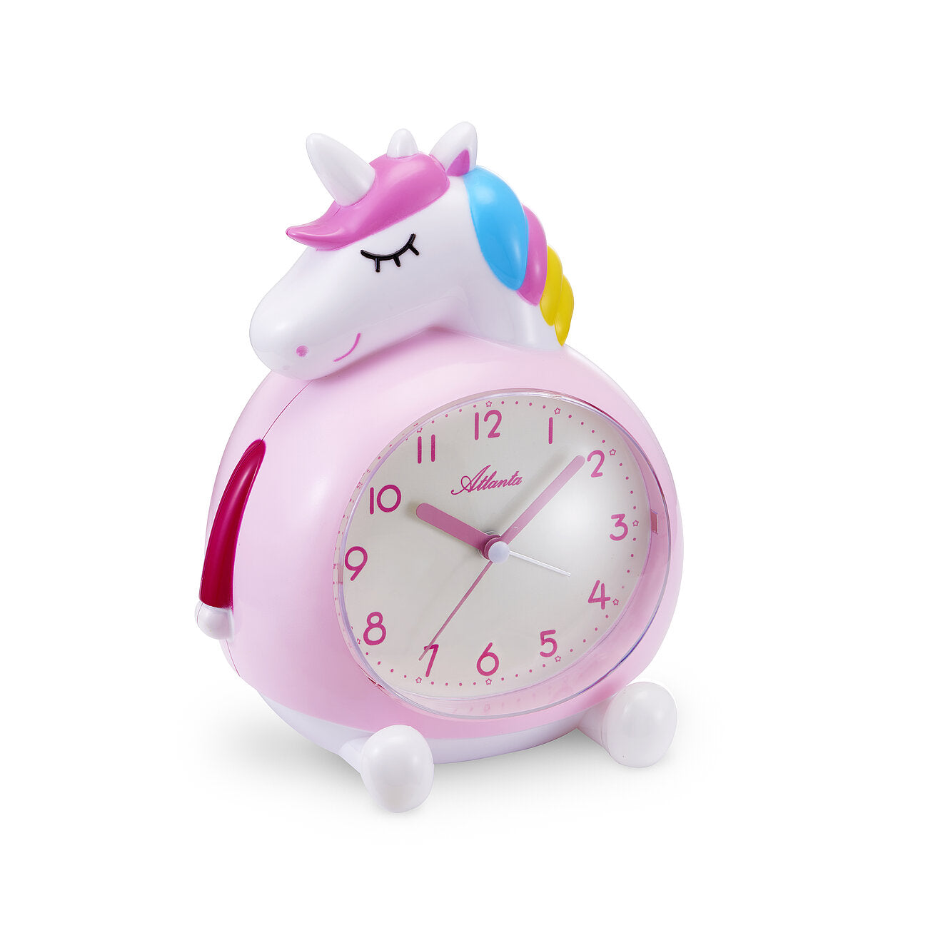 Kinderwecker Einhorn rosa mit blauem Horn, analogem Ziffernblatt