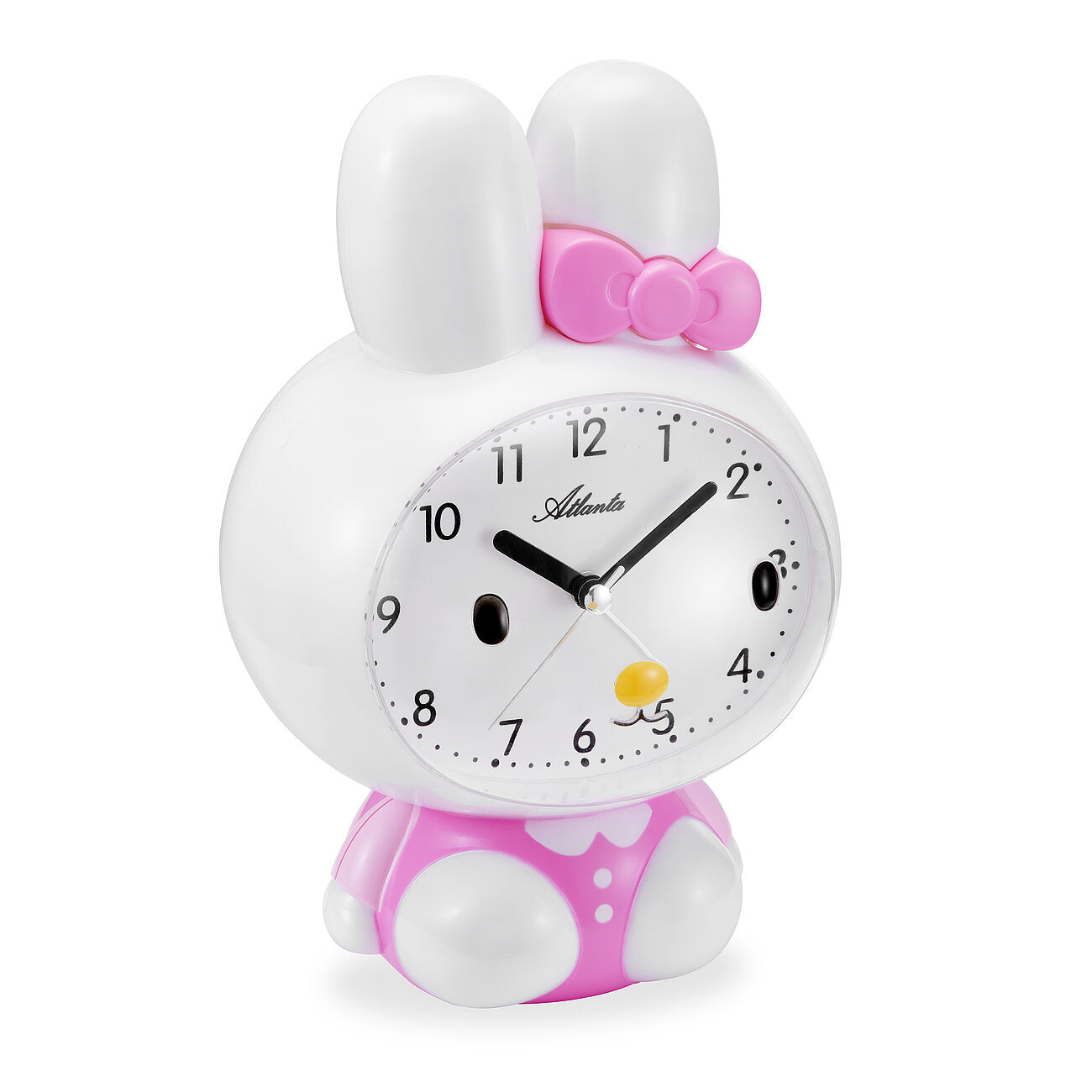 Kinderwecker mit analogem Zifferblatt, weißem Gehäuse und pinker Schleife