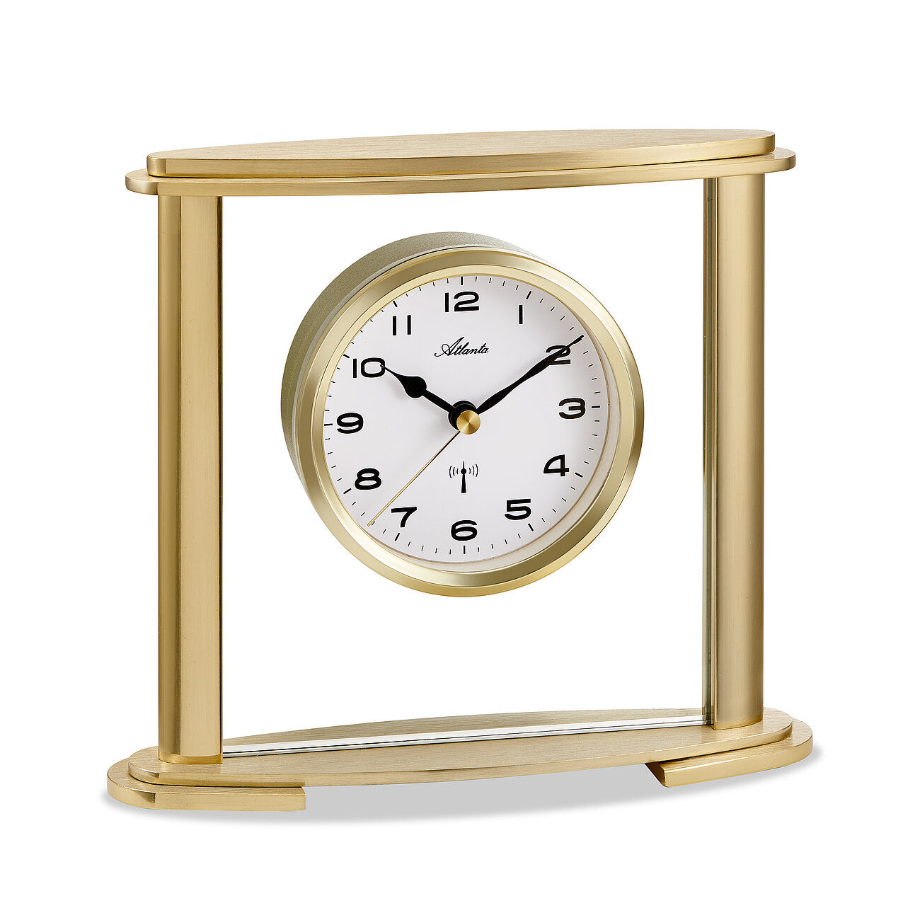 Goldene Tisch-Funk-Weckeuhr mit rundem Zifferblatt und arabischen Ziffern