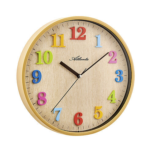 Runde Wanduhr mit braunem Rahmen, beigem Zifferblatt und bunten Zahlen