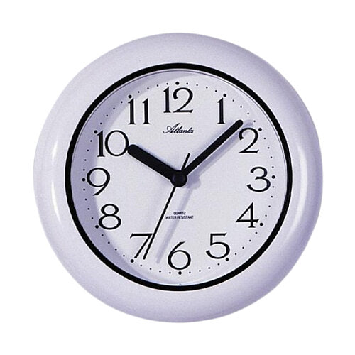 Weiße Wanduhr mit schwarzen arabischen Ziffern und Uhrzeigern, runde Form