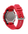 Casio G-Shock mit rotem Armband, Rückseite mit Metall-Deckel und Schrauben.