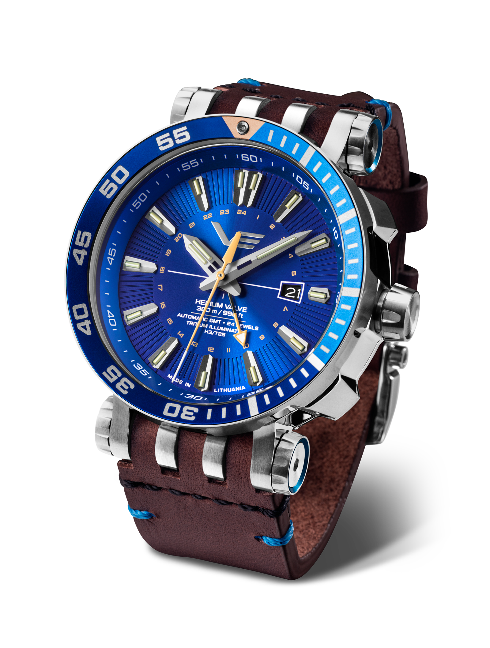 Vostok Europe Herrenarmbanduhr mit blauem Zifferblatt, GMT und braunem Lederband