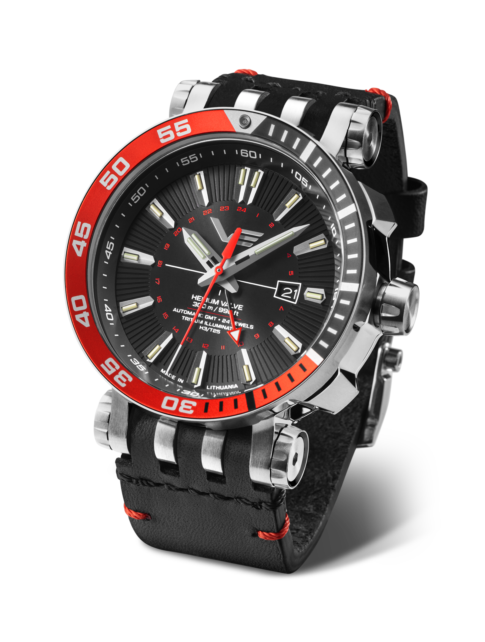 Vostok Europe Herrenuhr mit schwarzem Zifferblatt, roter Lünette und schwarzem Armband