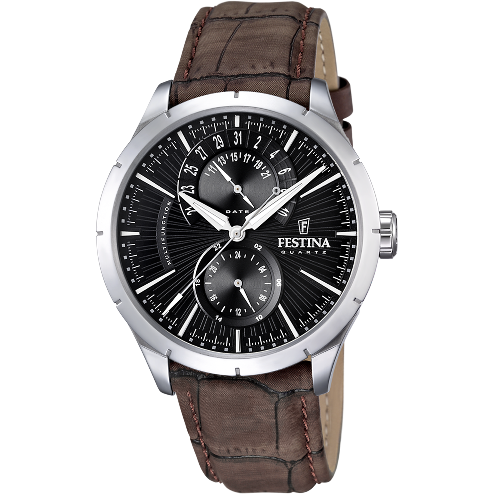 Festina F16573/4 Herrenuhr Multifunktion • Stahlgehäuse mit Mineralglas • Braunes Lederarmband