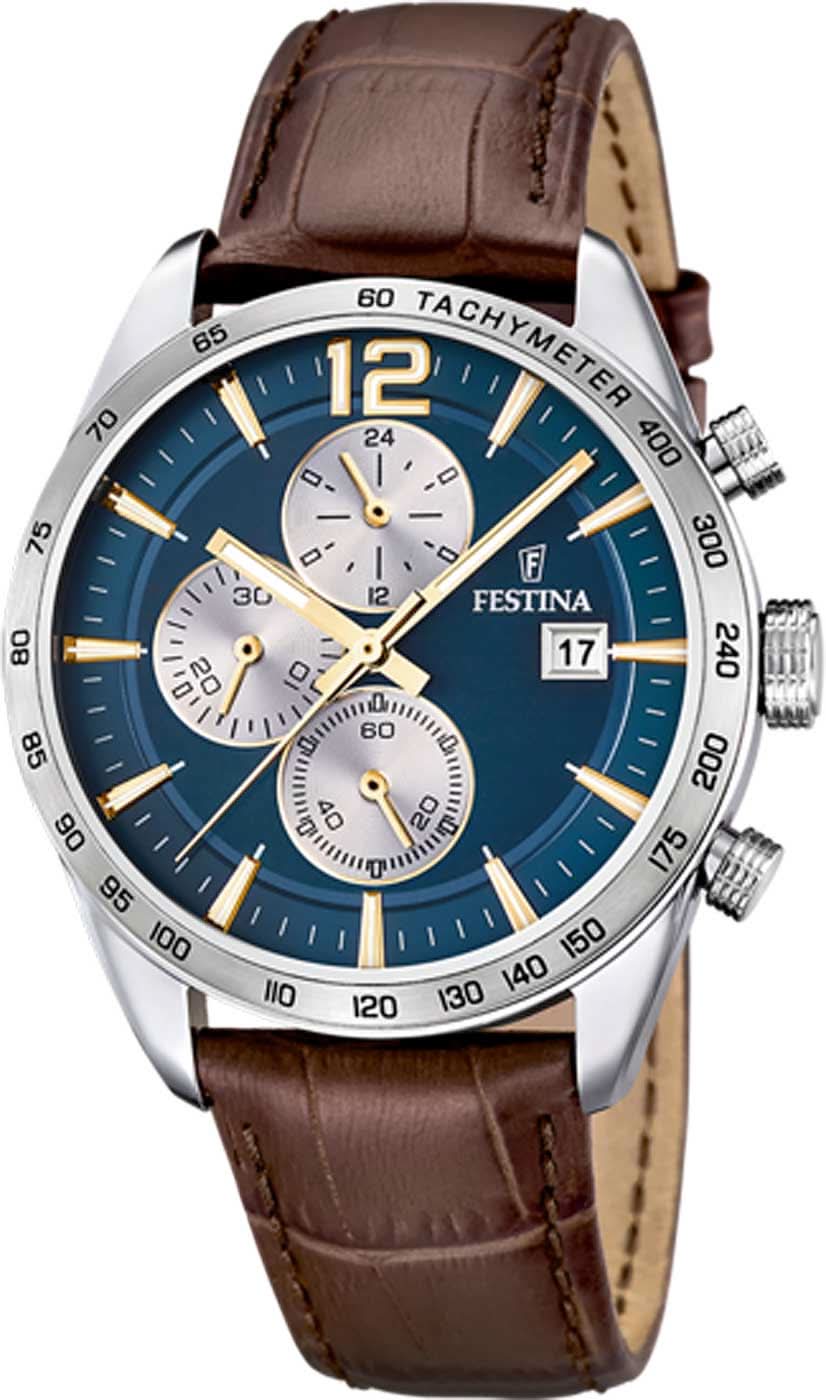 Festina Timeless Chronograph F16760/7 Men's Watch • Blue Dial • Leather Strap