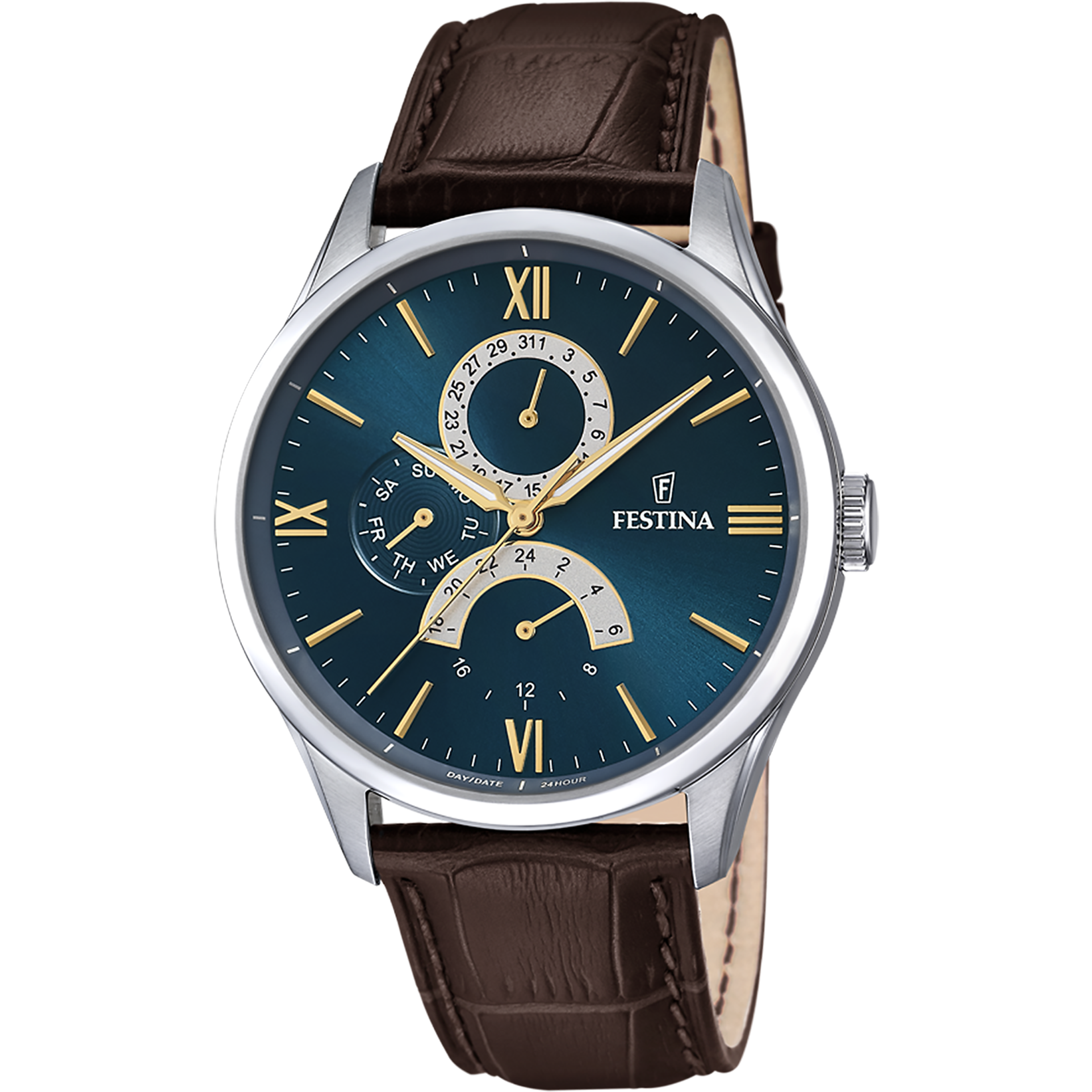Festina F16823/A Retro Herrenuhr Blau • Blaues Zifferblatt mit Multifunktion • Braunes Lederarmband
