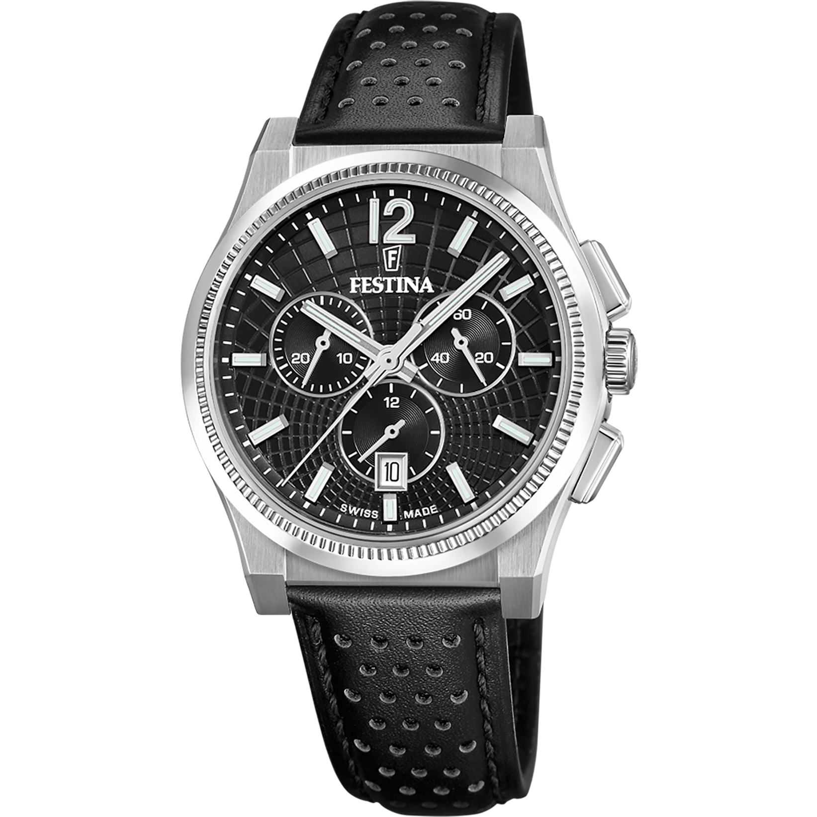 Festina Herrenarmbanduhr mit schwarzem Zifferblatt, Edelstahlgehäuse und schwarzem Lederarmband
