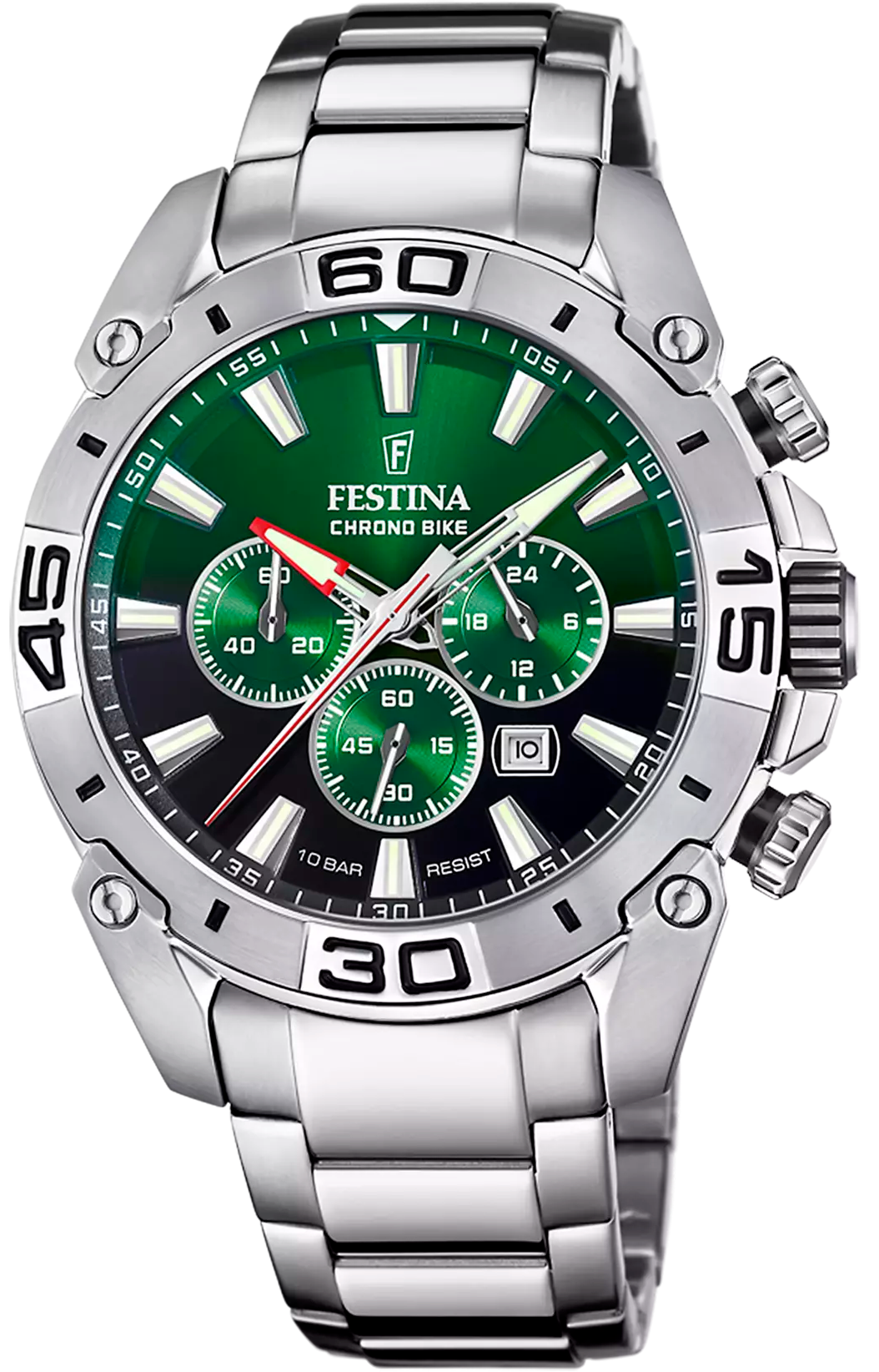 Men's stainless steel watch with green chronograph dial, metal strap, and sub-dials