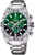 Men's stainless steel watch with green chronograph dial, metal strap, and sub-dials