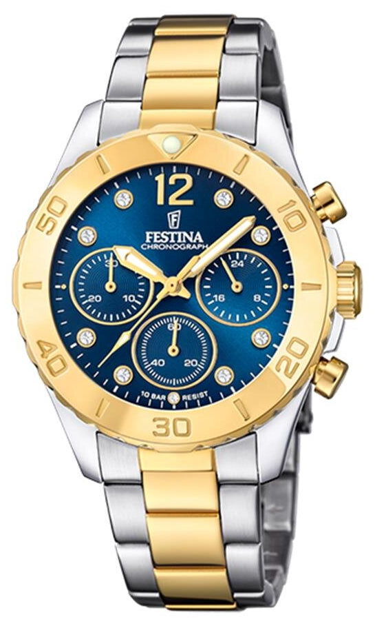 Festina women's watch with a blue dial, two-tone stainless steel strap, and chronograph