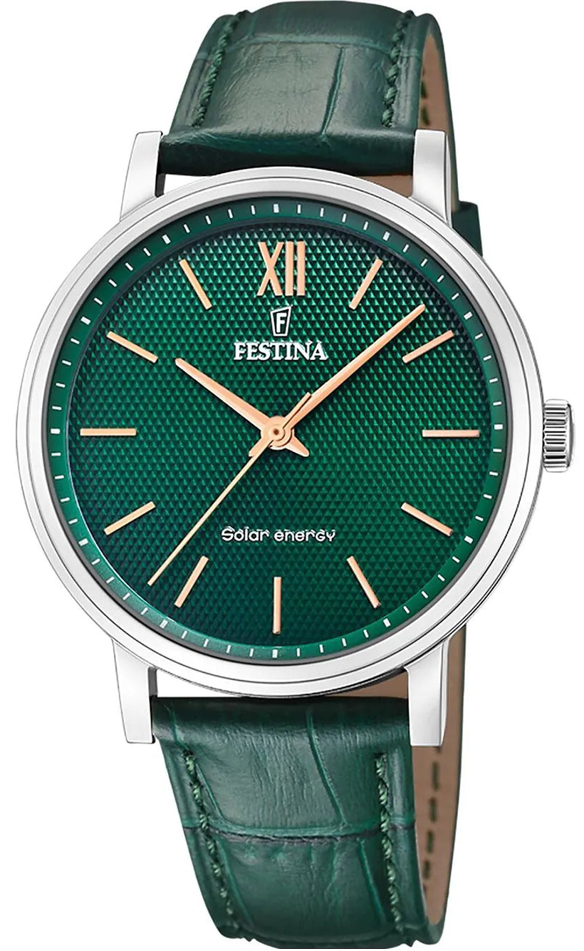 Festina men's watch with a green leather strap and green dial, Roman numerals