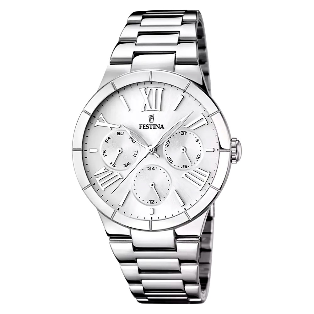 Festina Boyfriend Damenuhr mit Edelstahlband und weißem Zifferblatt mit römischen Zahlen