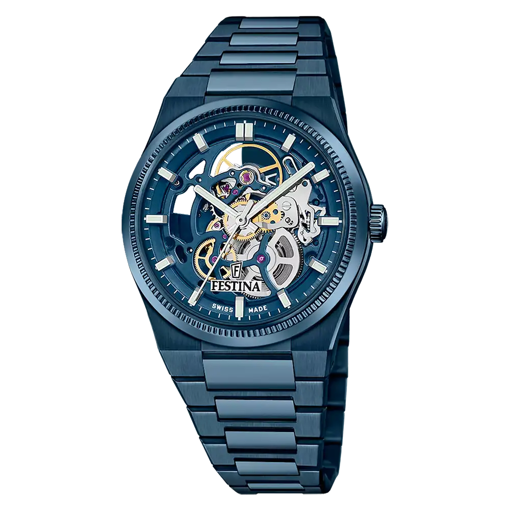 Festina Swiss Made Rivé Sq F20071/1 Herr Automatikur Blå • Safirglas • Synligt Automatiskt Urverk